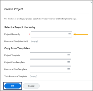 Create Project Window with the Project Hierarchy field emphasized