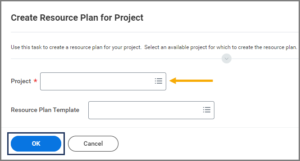 TheCreate Resource Plan for Project Window showing the project field and OK button