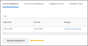 The Current Delegations table with the manage delegations button emphasized
