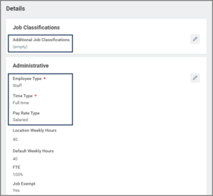 The top half of the Details page emphasizing the additional job classifications, employee type, time type, and pay rate type fields.