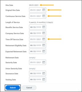 The edit service dates page highlighting the hire date, original hire date, continuous service date, and time off service date fields