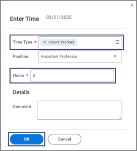 The Enter Time Window showing the time type, position, and hours fields