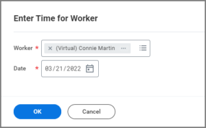The Enter Time for Worker Window showing the worker and date fields