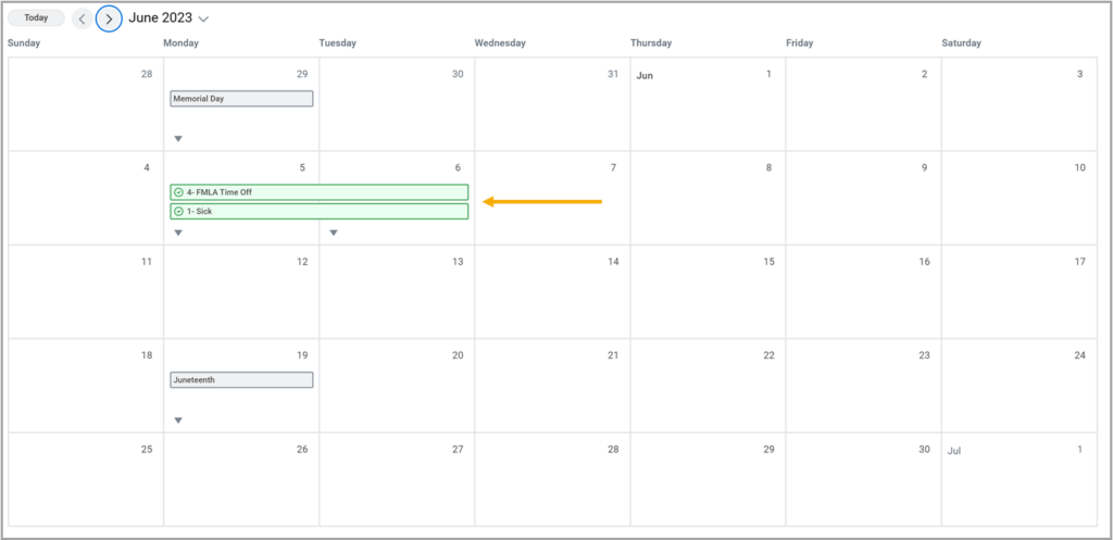 Calendar showing two concurrent rows of requests to illustrate FMLA time off. 