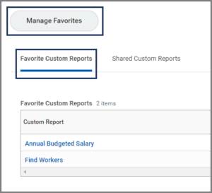 The Favorite Custom Reports tab with the manage favorites button highlighted