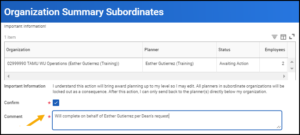 The organization summary subordinates page emphasizing the confirm checkbox and the comment field