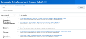 The compensation review process search employees (default) page. Several employee results are displayed