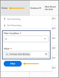 the filter condition, filter value, and filter button highlighted underneath the column header