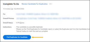 The review candidates for duplicates to do emphasizing the Find Duplicates for Candidate button