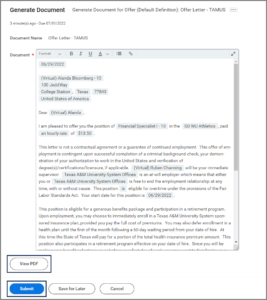 The Generate Document for Offer inbox task emphasizing the view pdf and submit buttons