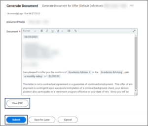 The Generate Document for Offer inbox task emphasizing the view pdf and submit buttons