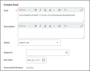 Add Goal dialogue box displayed with sample text entered for Goal.