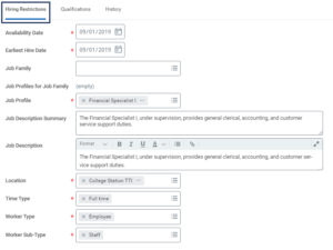 Hiring restrictions tab