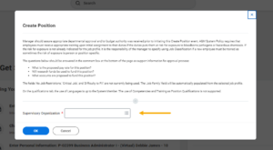 Create Position page and field to designate the supervisory organization is highlighted for emphasis