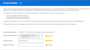 Create Position fields displayed including position request reason and required fields of Job posting title and the number of positions for which the number 1 has been entered