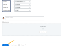 Create Position page with fields for Location, Time Type, Worker Type and Worker Sub-type populated for examples. 
