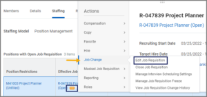 screenshot with an arrow pointing to job change and edit job requisition 