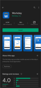 The Google Play Store page for the Workday Mobile App