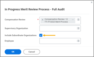 The In Progress Merit Review Process - Full Audit window displaying the include subordinate organizations checkbox which is checked