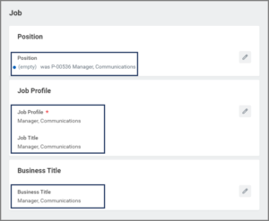 The Job Section showing the position, job profile, job title, and business title fields