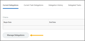 The current delegations tab with the Manage Delegations Button emphasized