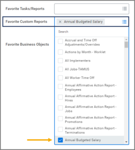 The Manage Favorites Page with favorite custom reports highlighted