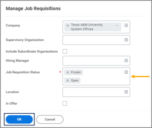 The Manage Job Requisitions window, highlighting the company and job requisition status fields