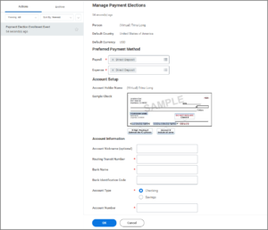 The manage payment elections task displaying the payroll and expense fields under preferred payment method, the account setup section displaying a sample check, and the account information section, displaying fields such as routing transit number and bank name