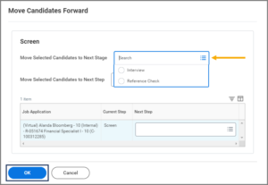 The Move Candidates Forward window displaying the move selected candidates to next stage field selected and interview and reference check appearing