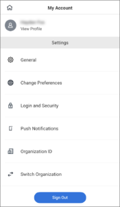 The My Account page showing an example user's settings (for example, general, change preferences, and login and security)