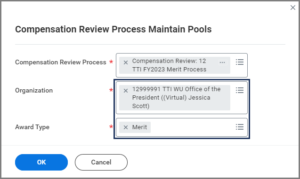 The compensation review process maintain pools window displaying the compensation review process, organization, and award type fields
