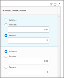 The right side of the Payment Elections page displaying the balance/amount/percent column, listing 25% for the top account and balance selected for the bottom account