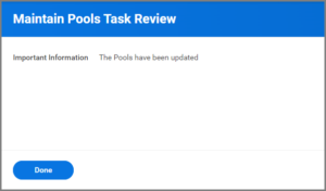 The maintain pools task review page displaying the following text: important information The Pools Have Been Updated