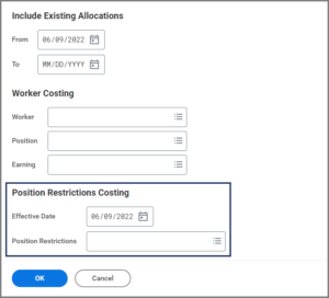 The Position Restrictions Costing section displaying the effective date and position restrictions fields