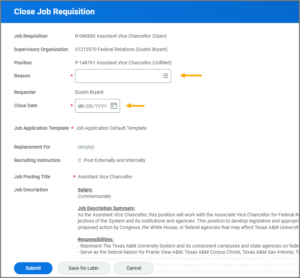 Close Job Requisition page displayed with required fields of entry for Reason and Close Date highlighted for emphasis.