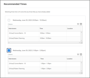 The Recommended Times window showing an example time which was selected