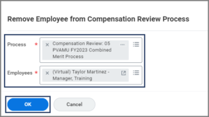 The Remove Employee from Compensation Review Process Window displaying the process and employees fields
