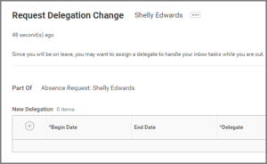 The request delegation change action item with the new delegation plus sign highlighted