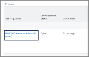 A sample job requisition appearing under the job requisition column