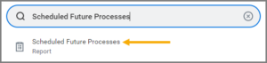 The search bar with the text Scheduled Future Processes Search entered and the corresponding link displaying beneath