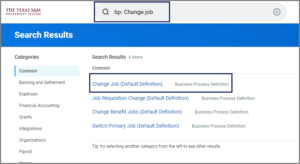 Display showing search results for bp: change job highlighted for emphasis and the result Change Job (Default Definition) highlighted for emphasis.