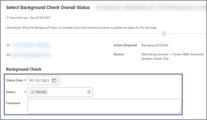 The Select Background Check Overall Status inbox item. The status date, status, and comment field are emphasized