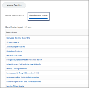 The Shared Custom Reports tab listing multiple custom reports