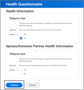 Health Questionnaire tobacco use question for spouse