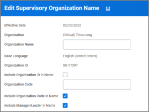 View of Edit Supervisory Organization Name screen fields.