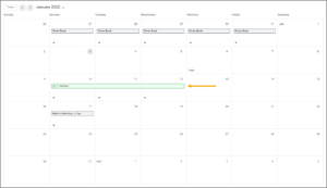 An employee's time off calendar with a sample vacation time off displayed