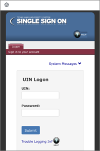 The single sign on page displaying the UIN logon screen displaying the UIN and password fields, along with the submit button at the bottom of the screen