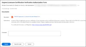 The Degree/Licensure/Certification Verification Authorization Form inbox task which displays a link to the TAMU SO Degree and/or Licensure Verification Release Form