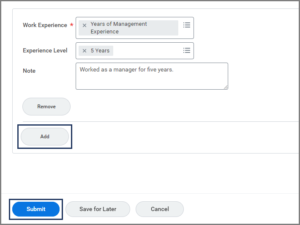 Work Experience field, experience level field, and add button highlighted for emphasis