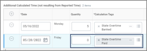 A row within the Additional Calculated Time (not resulting from Reported Time) section displaying the date, quantity and calculation tag and highlighting what was Workday Generated